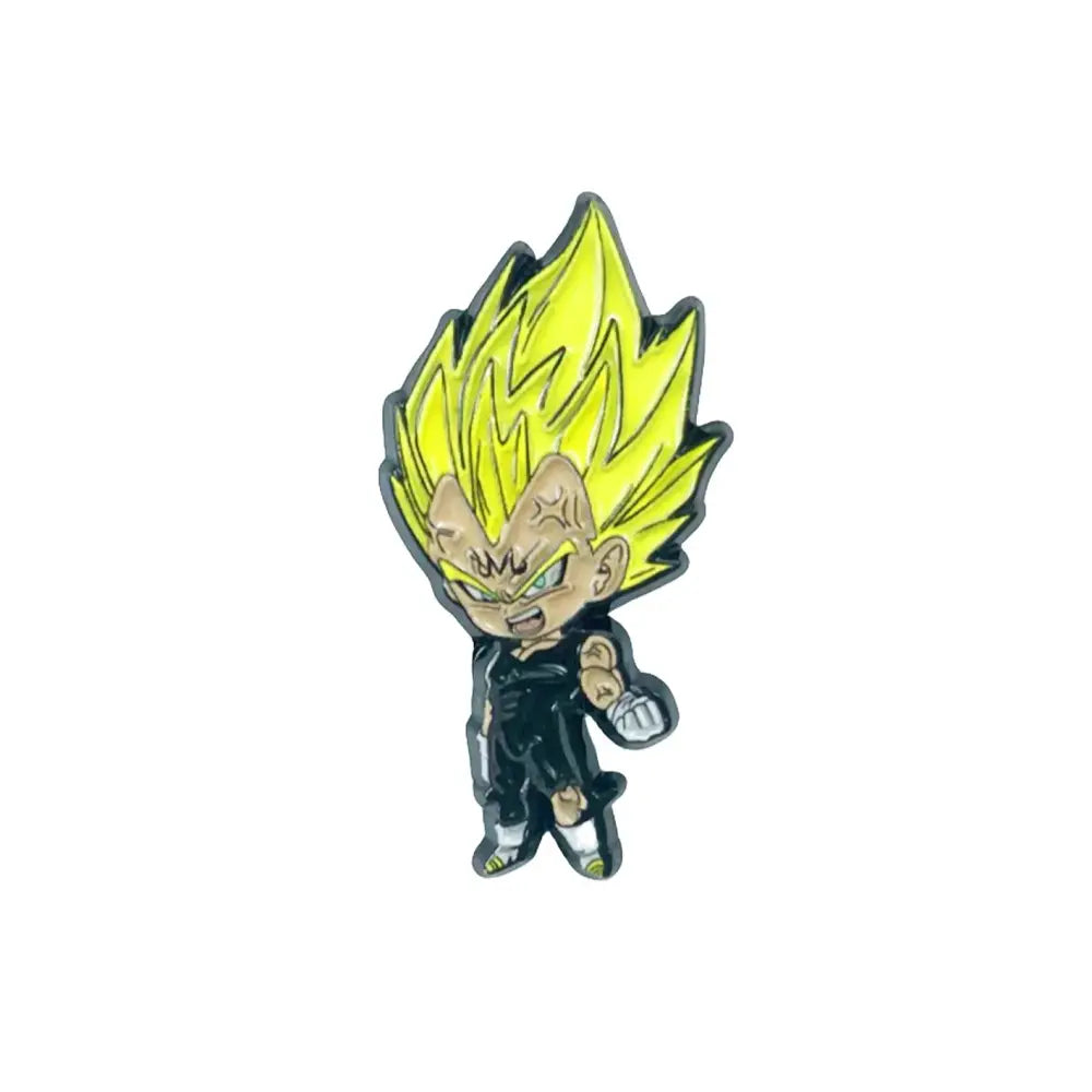 Chibi-style vegeta super saiyan enamel pin with yellow hair black battle suit white gloves manga enamel pin badge