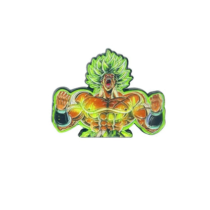 Vibrant green and orange manga enamel pin featuring a muscular anime character with glowing aura for backpacks or brooches