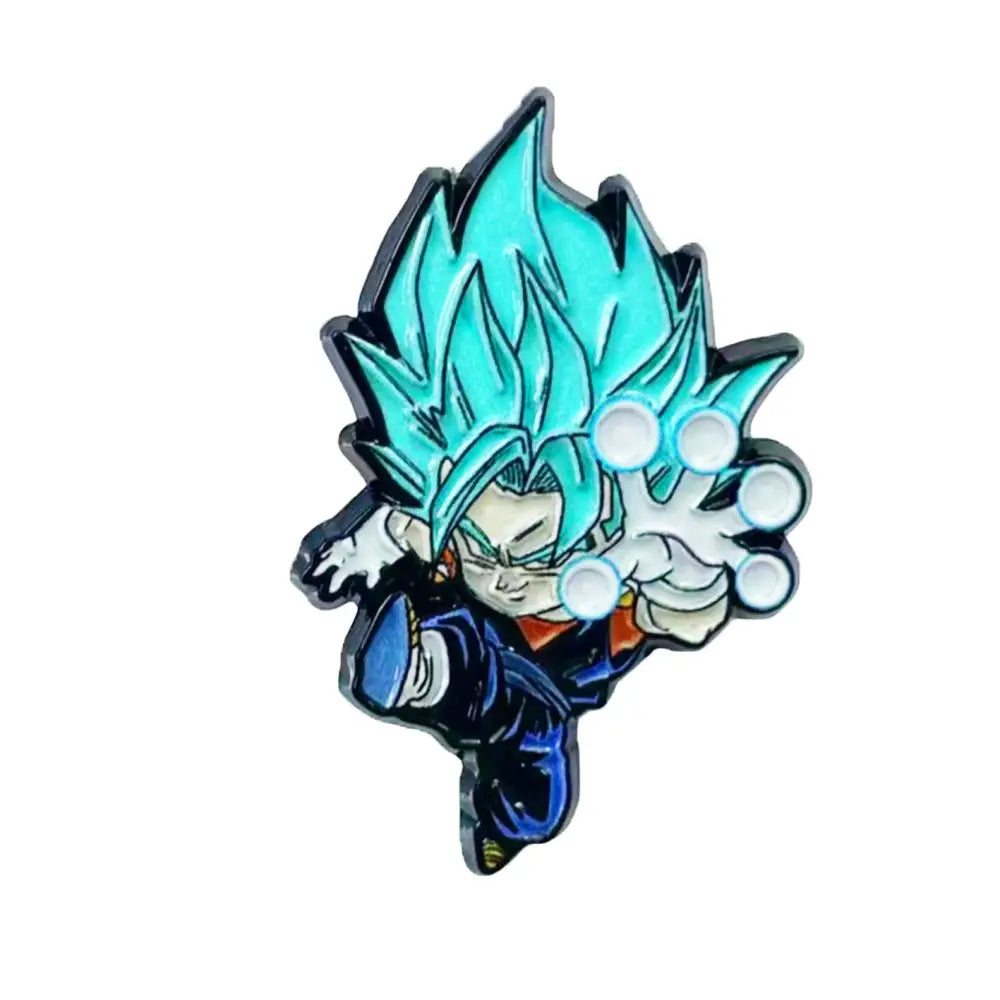 Anime manga enamel pin featuring vibrant blue and black chibi goku in super saiyan blue form with glowing energy spheres