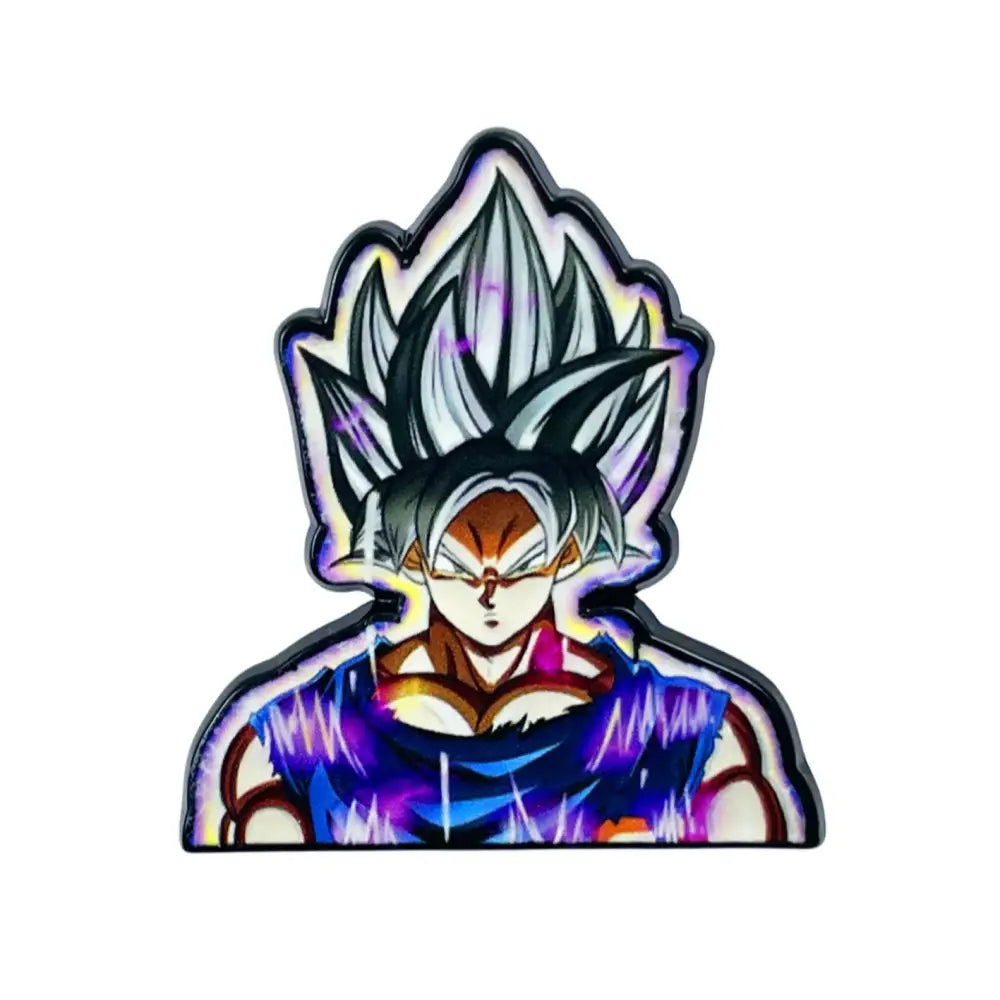 Iridescent manga enamel pin featuring goku super saiyan blue with silver hair and purple blue aura brooch badge