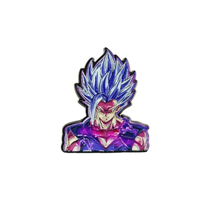 Vibrant purple and blue manga enamel pin featuring a spiky-haired anime character with glowing eyes backpack brooch badge