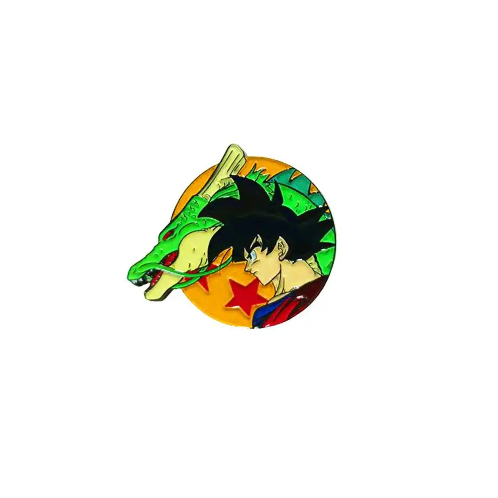 Circular anime manga enamel pin featuring goku and green shenron dragon with orange background and red star badge
