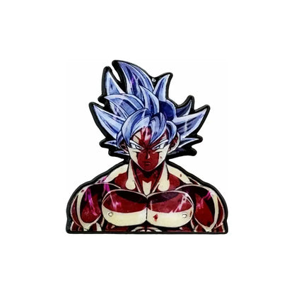 Blue and red super saiyan goku manga enamel pin with spiky hair and detailed armor for backpack brooch badge