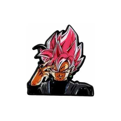 Pink and black spiky-haired goku black manga enamel pin with stylized anime design for backpack brooch badge