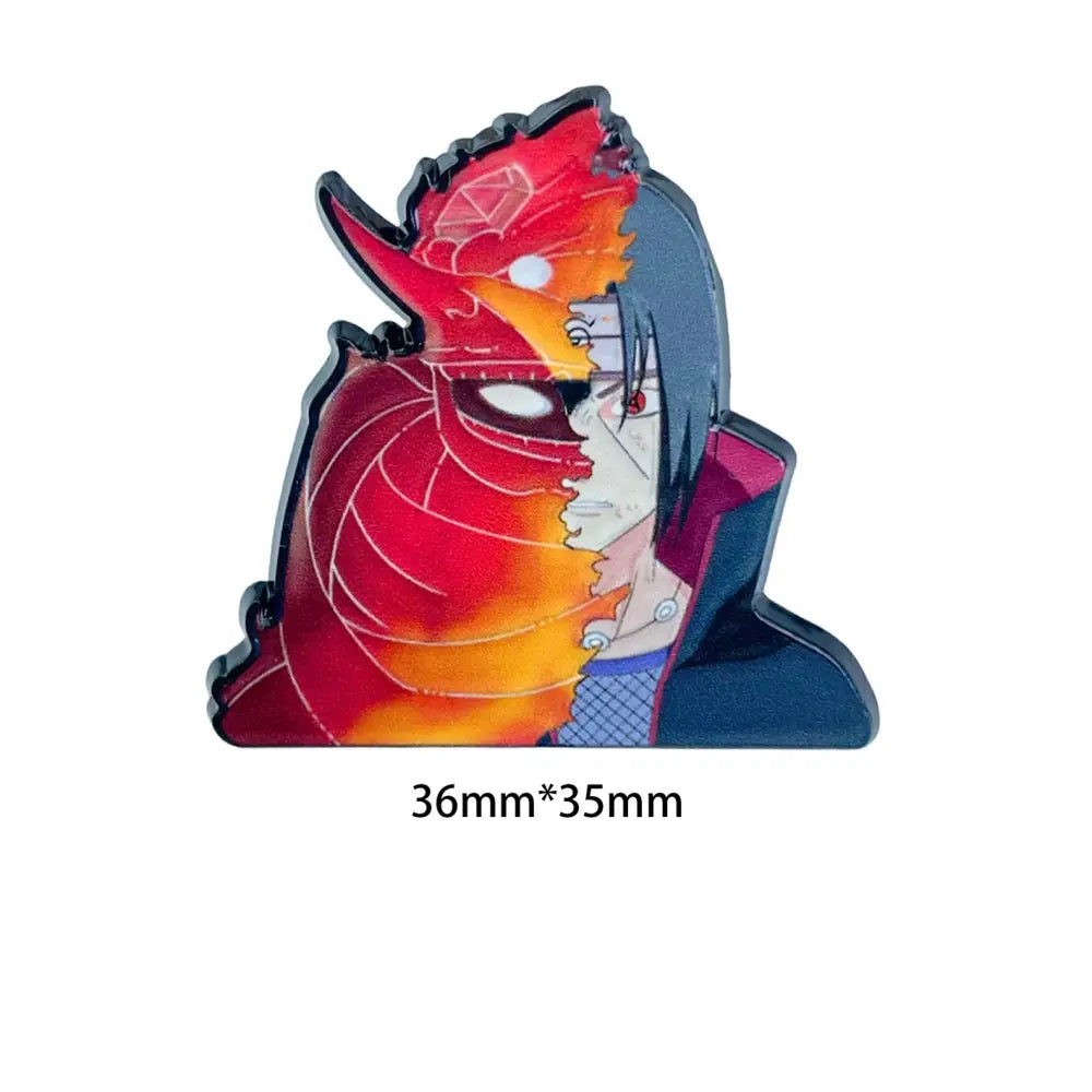 Anime manga enamel pin featuring a two-toned red and orange fiery demon and dark blue anime character design