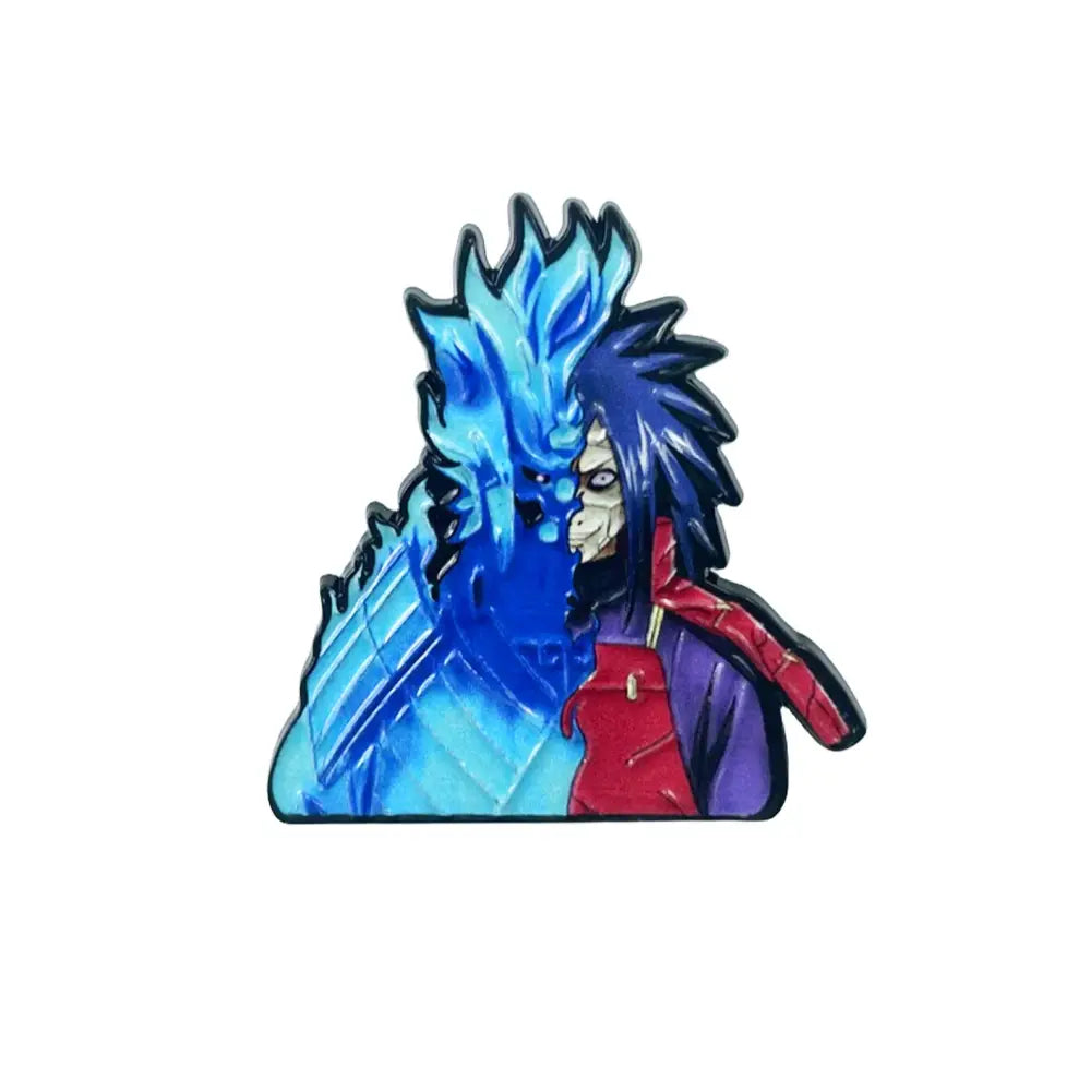 Anime manga enamel pin featuring a brooch badge with spiky blue and black hair and a red scarf on purple outfit