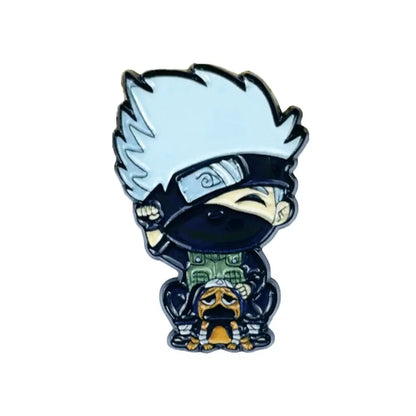 Chibi style kakashi hatake manga enamel pin with white hair black mask and small dog for backpack brooch badge