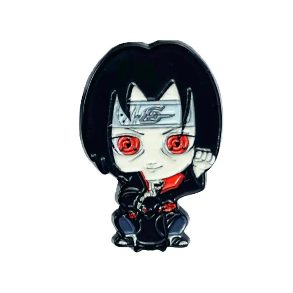 Chibi style itachi uchiha enamel pin with black hair red sharingan eyes and signature headband manga enamel pin brooch badge