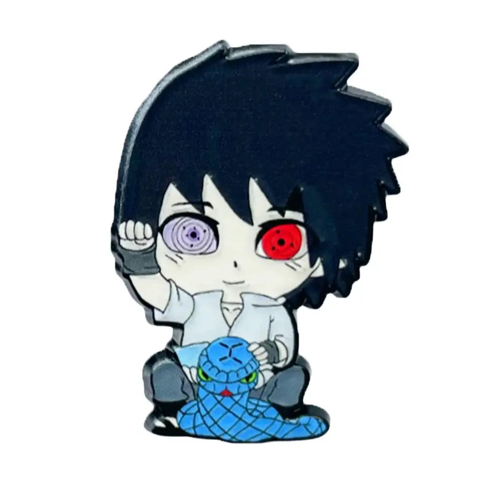 Chibi sasuke uchiha manga enamel pin with black hair red and purple eyes holding blue snake brooch badge