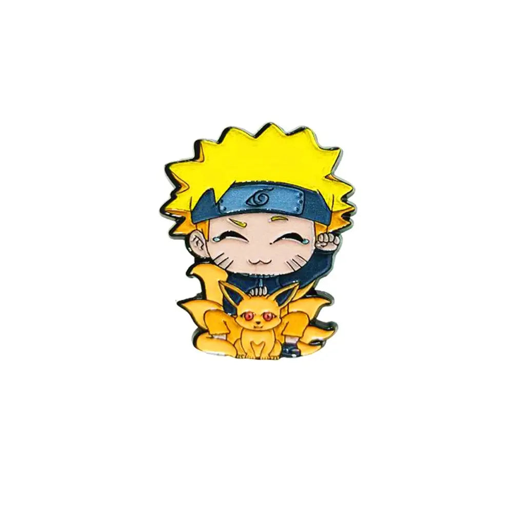 Chibi naruto manga enamel pin with spiky yellow hair blue headband and orange nine tailed fox brooch badge