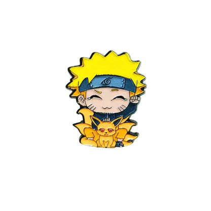 Chibi naruto manga enamel pin with spiky yellow hair blue headband and orange nine tailed fox brooch badge