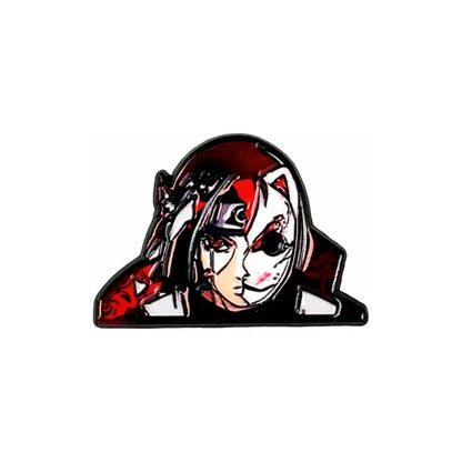 Red and white enamel pin featuring a manga enamel design with a half-face mask perfect for backpack brooch badge