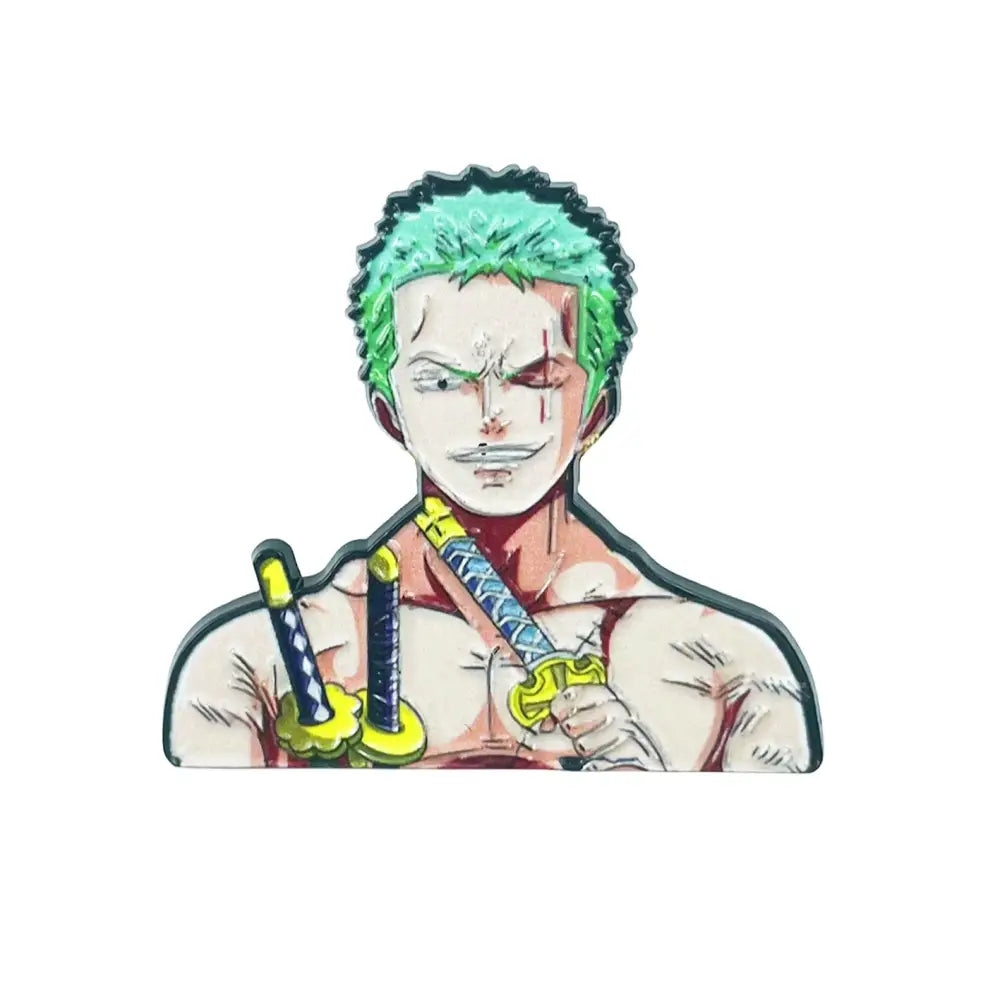 Green-haired muscular anime figure manga enamel pin with two swords designed as brooch badge for backpacks