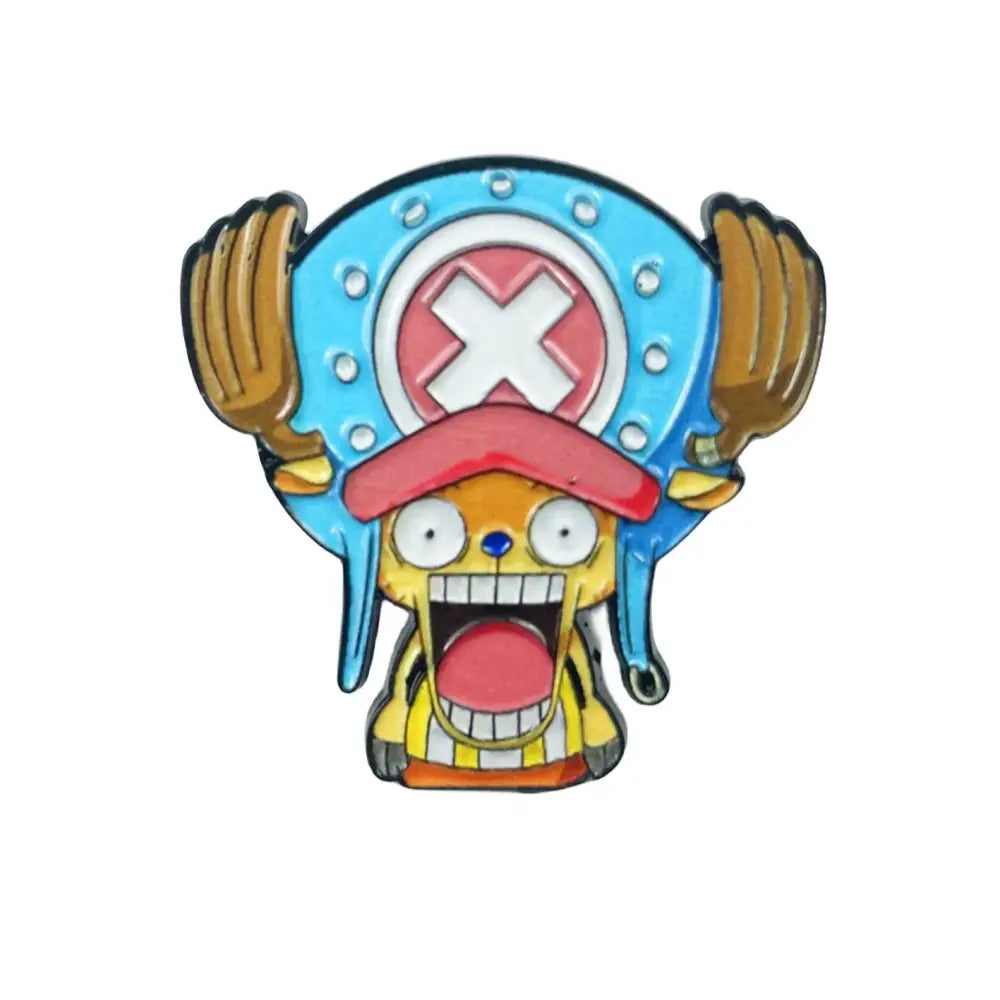 A vibrant anime manga enamel pin of tony tony chopper with a blue straw hat and brown antlers backpack brooch badge