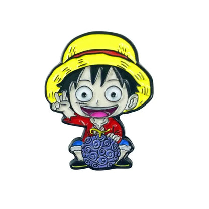 Yellow-hatted red-jacketed anime manga enamel pin holding blue spiral-patterned object for backpack brooch badge