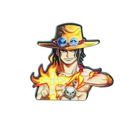 Yellow hat manga enamel pin with blue goggles red beads flame design and skull emblem brooch badge for backpacks