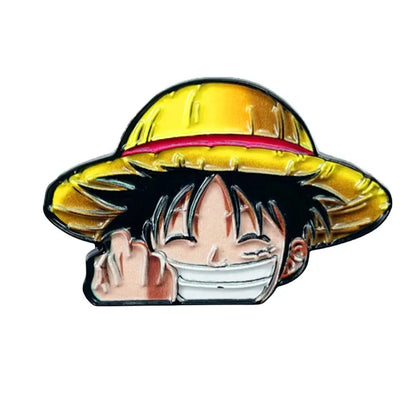 Yellow straw hat manga enamel pin with smiling character black hair and white mask brooch badge for backpacks