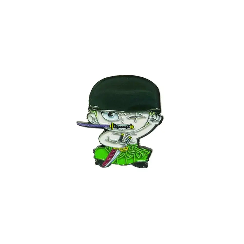 Glossy manga enamel pin featuring a chibi character with green hair holding purple and red swords on white background
