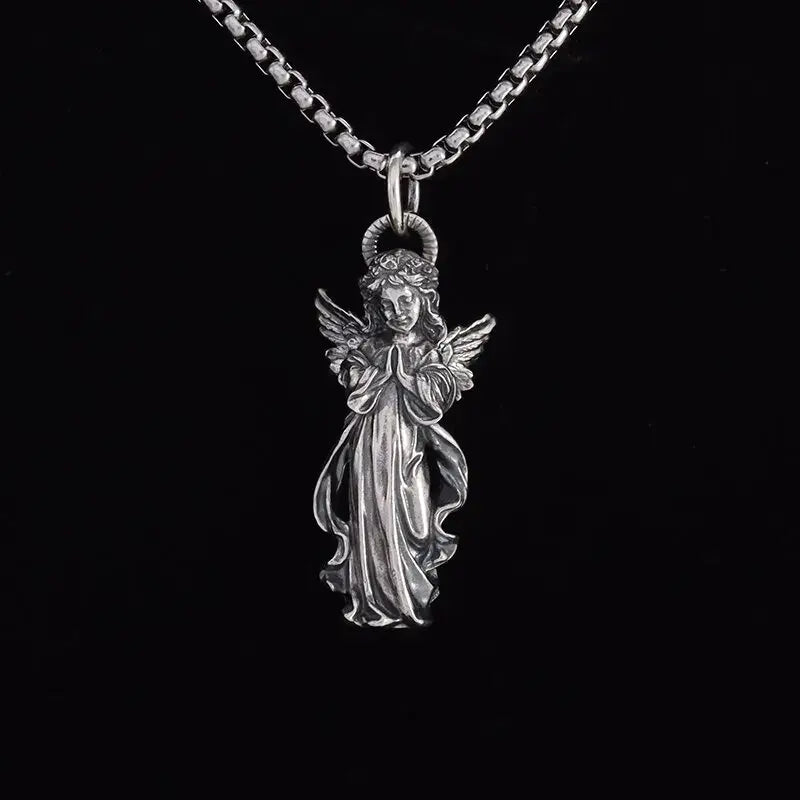 Silver pendant necklace featuring an anime mecha girl design with detailed wings and flowing robes on a matching chain