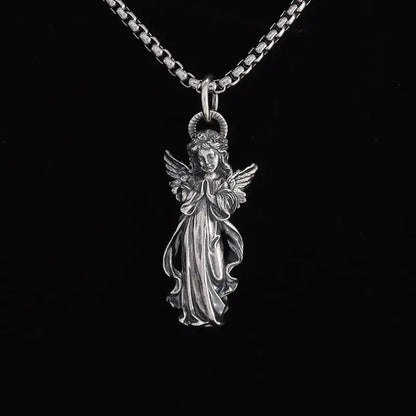 Silver pendant necklace featuring an anime mecha girl design with detailed wings and flowing robes on a matching chain