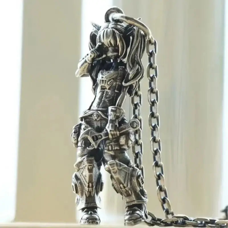 Silver pendant necklace featuring a detailed anime mecha girl warrior pendant necklace with matching chain
