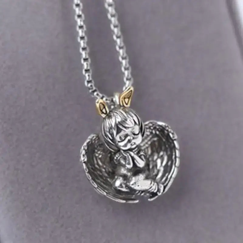 Silver pendant necklace featuring anime mecha girl pendant necklace with gold-tipped ears and detailed wings on chain