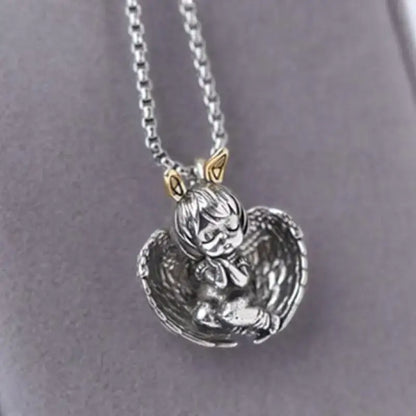Silver pendant necklace featuring anime mecha girl pendant necklace with gold-tipped ears and detailed wings on chain