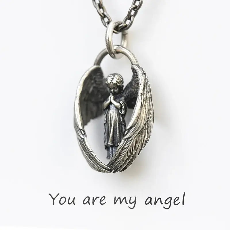 Silver pendant necklace featuring an anime mecha girl angel with detailed wings on a chain pendant necklace