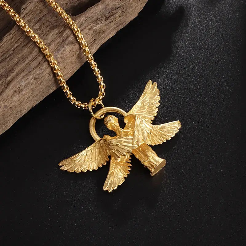 Golden angel pendant necklace with detailed wings and halo on gold chain for anime mecha girl silver pendant necklace