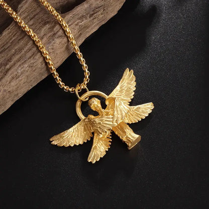 Golden angel pendant necklace with detailed wings and halo on gold chain for anime mecha girl silver pendant necklace