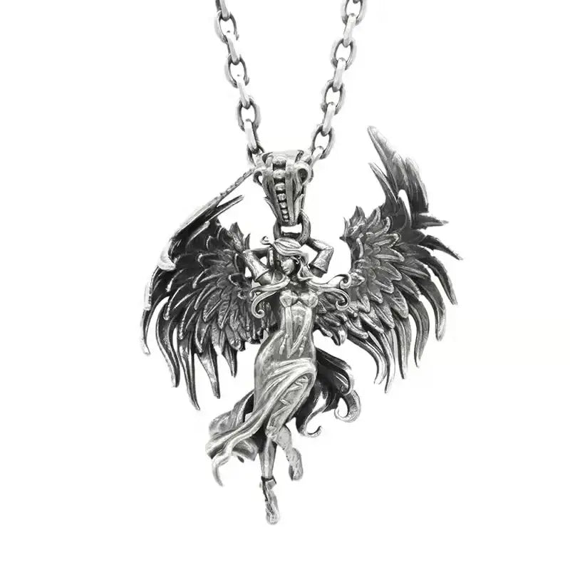 Silver pendant necklace featuring an anime mecha girl with detailed wings and flowing gown on a matching chain