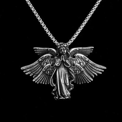 Silver pendant necklace featuring an anime mecha girl design with detailed wings and flowing robes on a matching chain