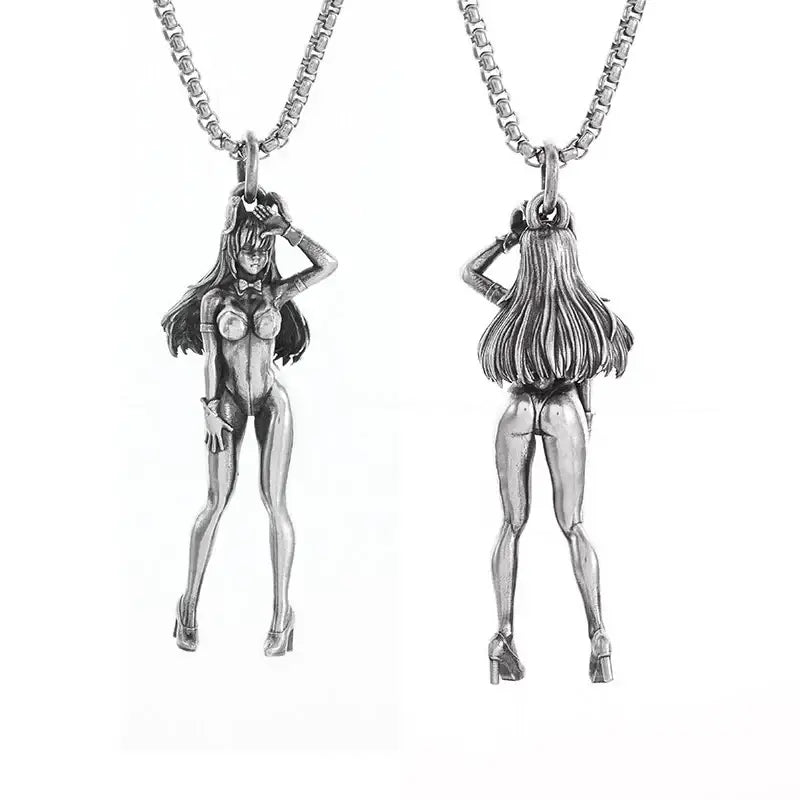 Silver pendant necklace featuring a detailed anime mecha girl pendant necklace with front and back views