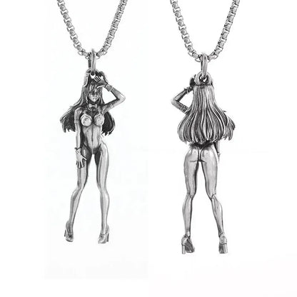 Silver pendant necklace featuring a detailed anime mecha girl pendant necklace with front and back views