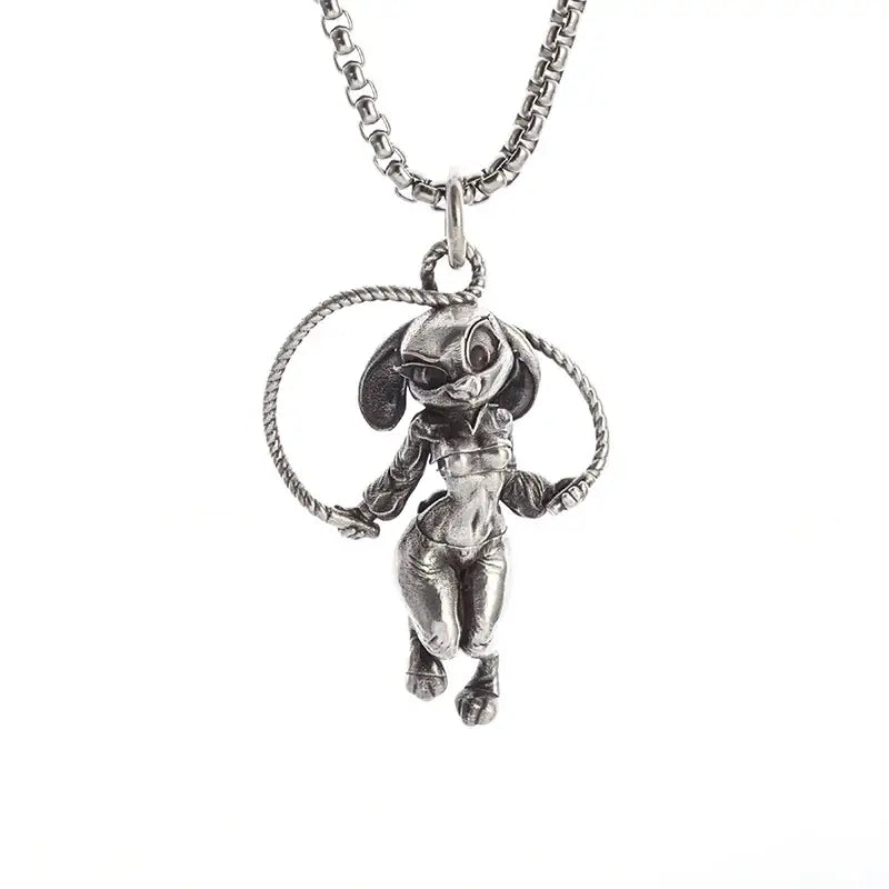 Silver pendant necklace featuring a detailed anime mecha girl cartoon character mid-jump holding a rope hoop pendant necklace