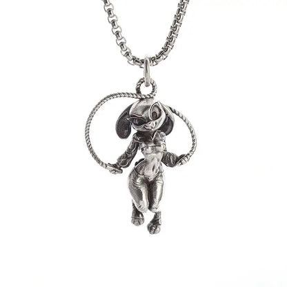 Silver pendant necklace featuring a detailed anime mecha girl cartoon character mid-jump holding a rope hoop pendant necklace