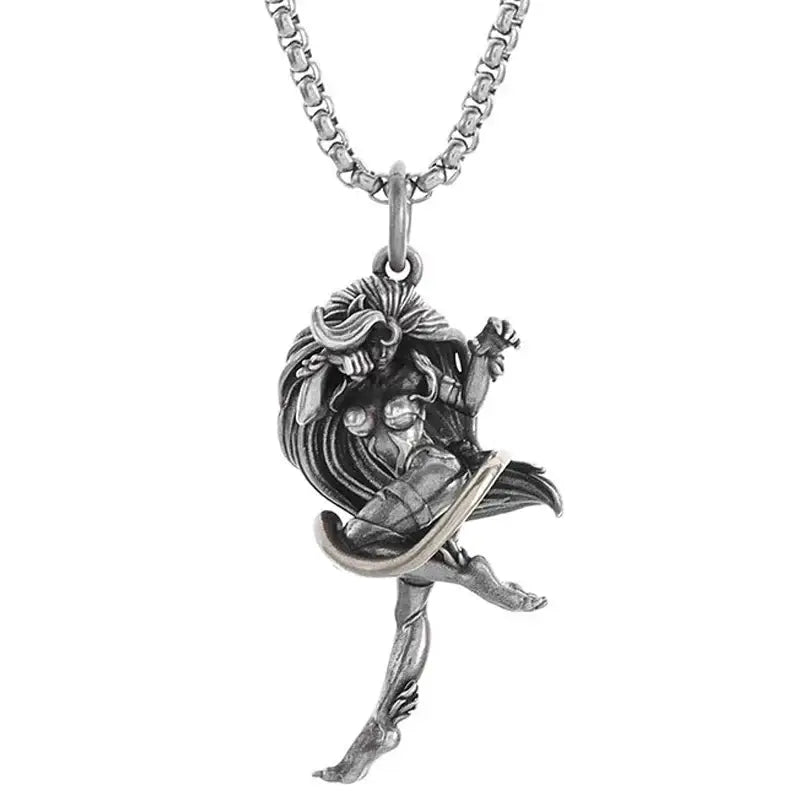 Silver pendant necklace featuring a detailed anime mecha girl figurine in mid-leap with flowing hair and armor