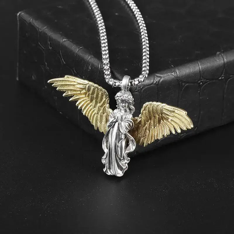 Anime mecha girl silver pendant necklace featuring a two-tone angel pendant with silver body and gold wings on chain