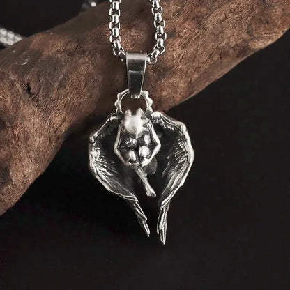 Silver pendant necklace featuring a detailed angelic anime mecha girl with outstretched wings on a matching chain