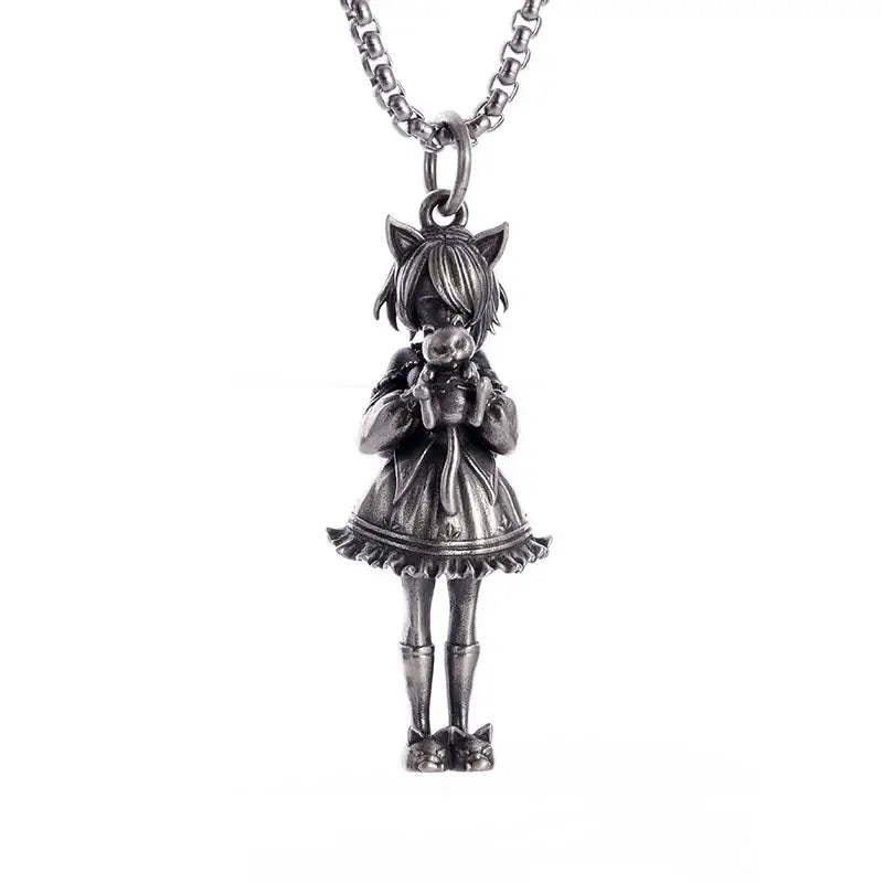 Silver pendant necklace featuring an anime mecha girl with cat ears holding a skull in a frilled dress and boots