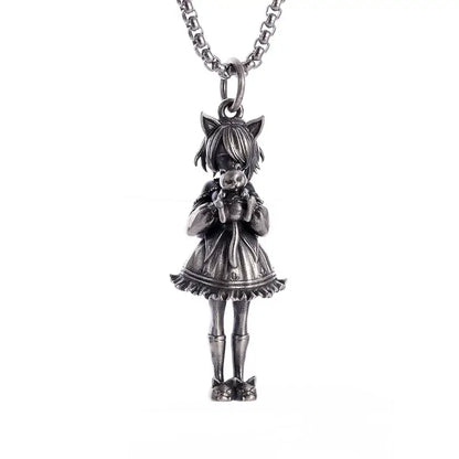 Silver pendant necklace featuring an anime mecha girl with cat ears holding a skull in a frilled dress and boots