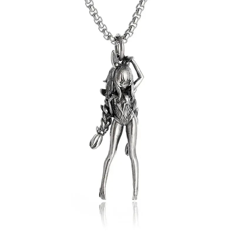 Silver pendant necklace featuring a detailed anime mecha girl bunny-eared pendant on a silver chain