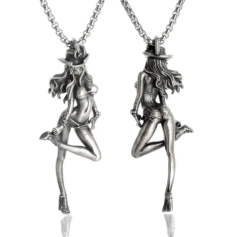 Silver pendant necklace featuring an anime mecha girl in a detailed cowboy hat and lingerie-style outfit pendant necklace
