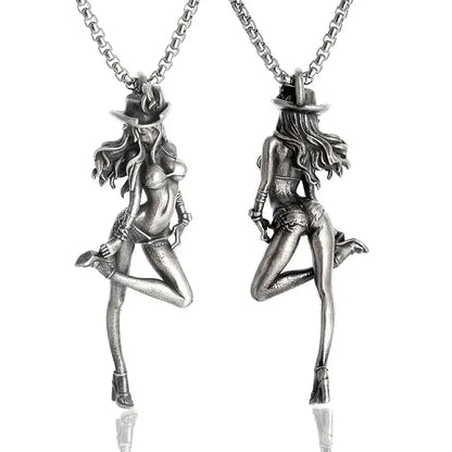 Silver pendant necklace featuring an anime mecha girl in a detailed cowboy hat and lingerie-style outfit pendant necklace