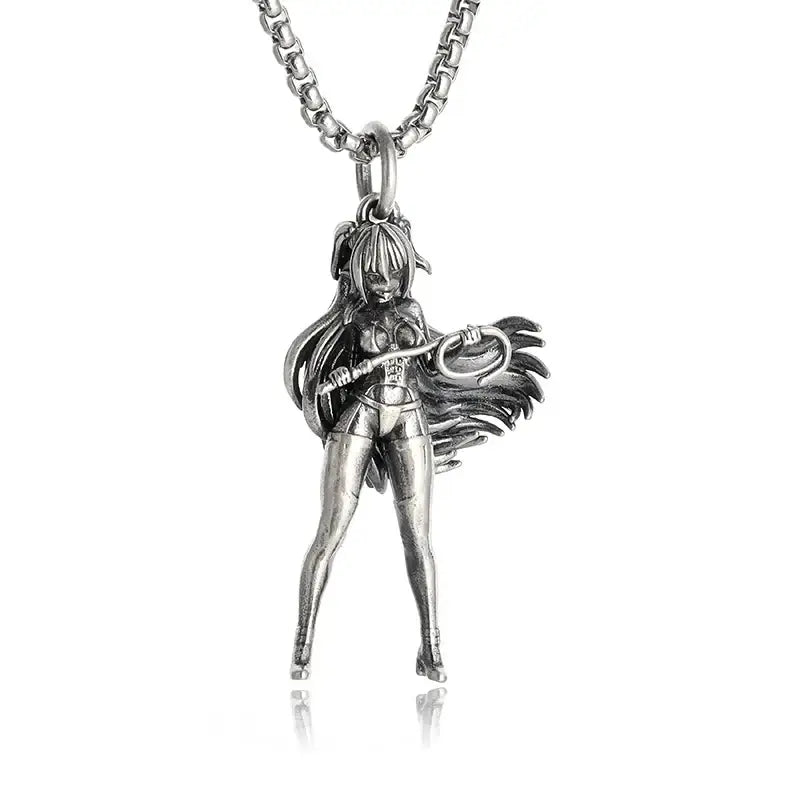 Silver pendant necklace featuring an anime mecha girl figurine with long hair and armor holding a weapon