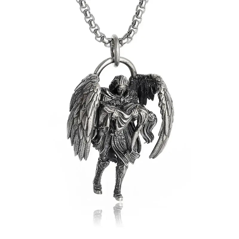 Silver-toned anime mecha girl pendant necklace with detailed wings and armor in a silver pendant necklace design
