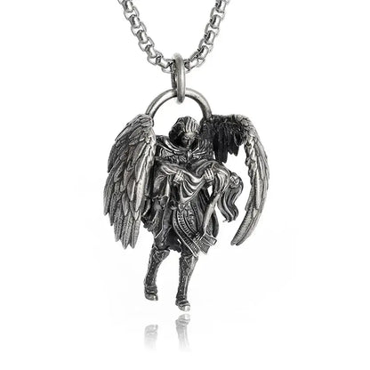 Silver-toned anime mecha girl pendant necklace with detailed wings and armor in a silver pendant necklace design