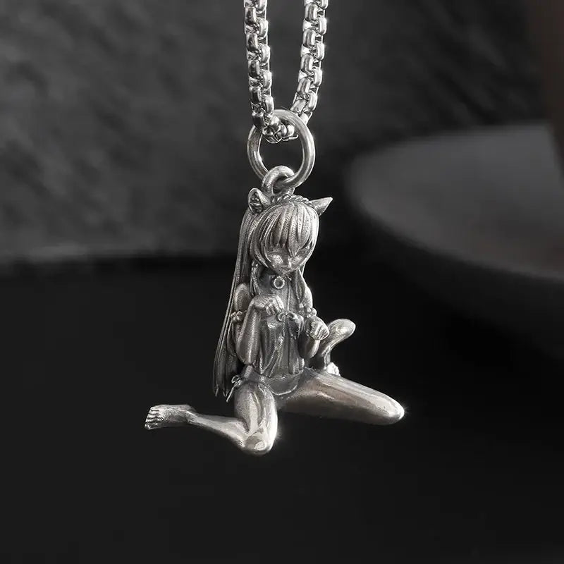 Silver pendant necklace featuring an anime mecha girl figurine with long hair and cat ears on a silver chain