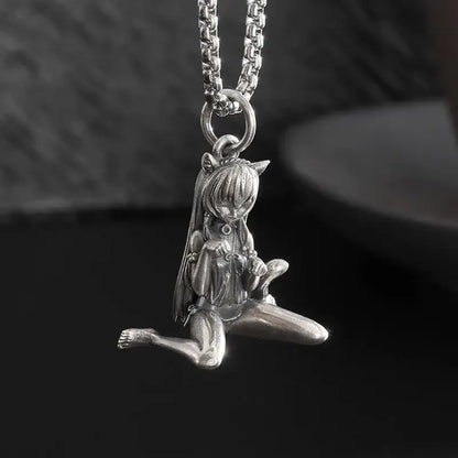 Silver pendant necklace featuring an anime mecha girl figurine with long hair and cat ears on a silver chain