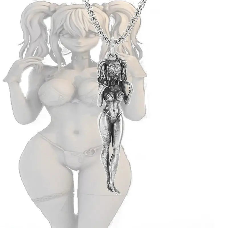 Silver pendant necklace featuring an anime mecha girl figurine with pigtails wearing bikini-style attire